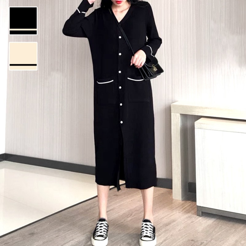 カーディガン ニット ロング 春 アウター スプリングアウター Vネック ワンピース カーデ ミドル丈 長袖 羽織 スリム 無地 シンプル 韓国ファッション カジュアル オフィス オフィスカジュアル 大人 レディース 秋 新作 ブラック 黒 アイボリー 白 フリーサイズ JOCOSA 8377