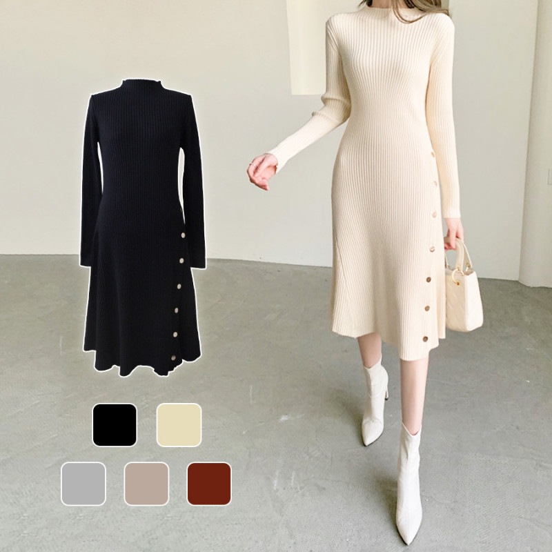 ワンピース 長袖 ニットワンピ リブ 膝丈 韓国ファッション セクシー 大人 オフィス オフィスカジュアル ミニワンピース レディース 無地 シンプル おしゃれ 春 秋 冬 新作 ブラック 黒 アイボリー グレー 灰 ベージュ ブラウン 茶 フリーサイズ JOCOSA 8885