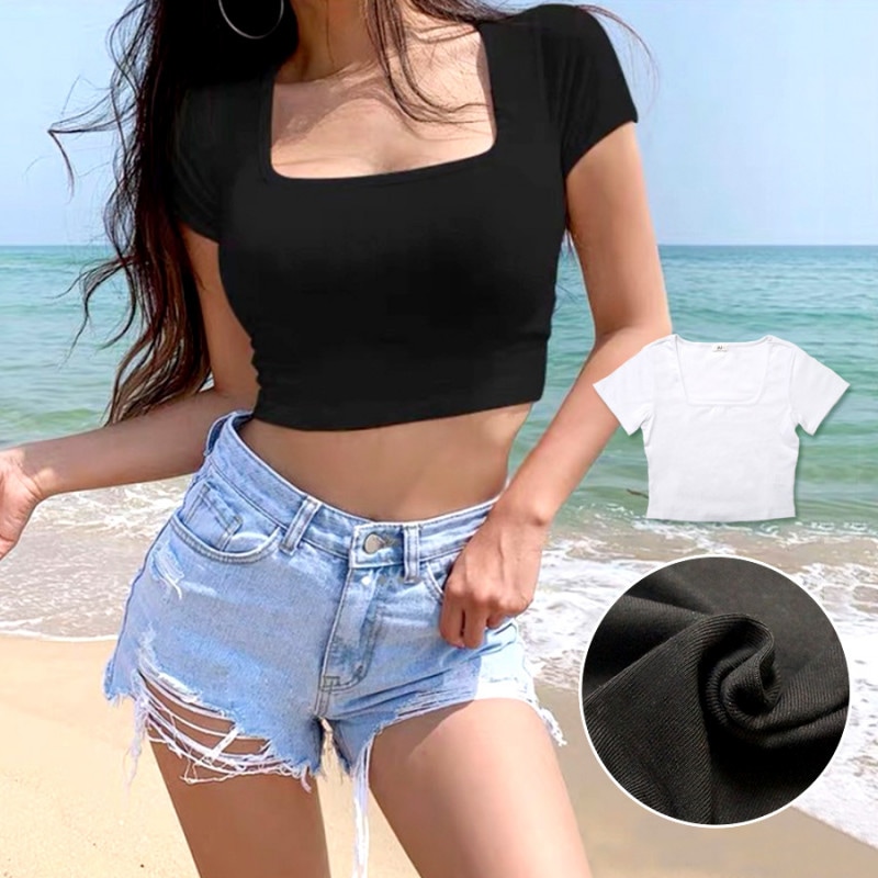 半袖 トップス スクエアネック 韓国ファッション 薄手 ショート丈 カットソー シンプル おしゃれ きれいめ カジュアル 大人 可愛い レディース 春 夏 新作 ブラック 黒 ホワイト 白 S M L JOCOSA 7067