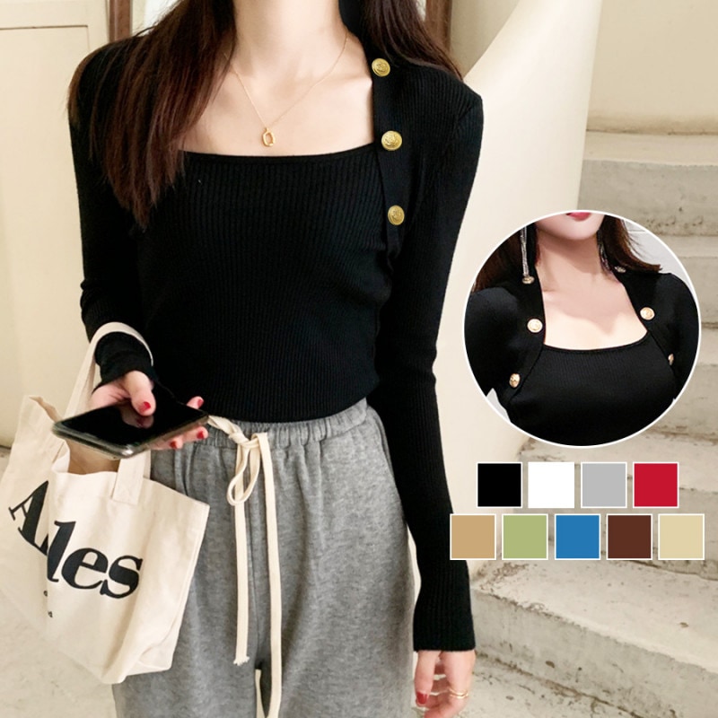 ニット トップス 長袖 金ボタン ボレロ風 韓国ファッション トップス ニット リブ レイヤード風 春 冬 秋 無地 大人 セクシー 女の子 レディース 新作 ブラック 黒 ホワイト 白 グレー 灰 レッド ベージュ グリーン 緑 ブルー 青 ブラウン 茶 フリーサイズ JOCOSA 7066