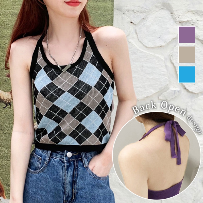 キャミソール ニットキャミソール 背中開き アーガイル タンクトップ ノースリーブ トップス インナー ホルターネック リボン 背中あき セクシー おしゃれ 韓国ファッション 大人 韓国風 レディース 春 夏 新作 パープル 紫 グレージュ ブルー 青 フリーサイズ JOCOSA 7068