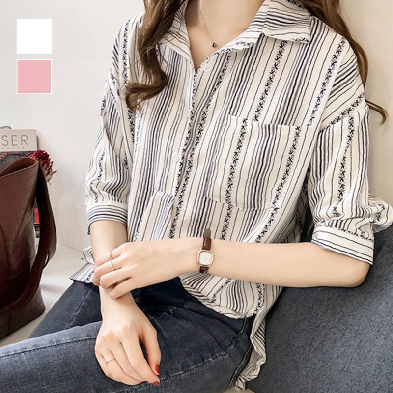 シャツ ブラウス ストライプ スキッパー オフィスカジュアル 春 オフィス 通勤 五分袖 トップス ストライプシャツ スキッパーシャツ おしゃれ 韓国ファッション 大人 レディース 夏 ホワイト 白 ピンク M L JOCOSA 7069