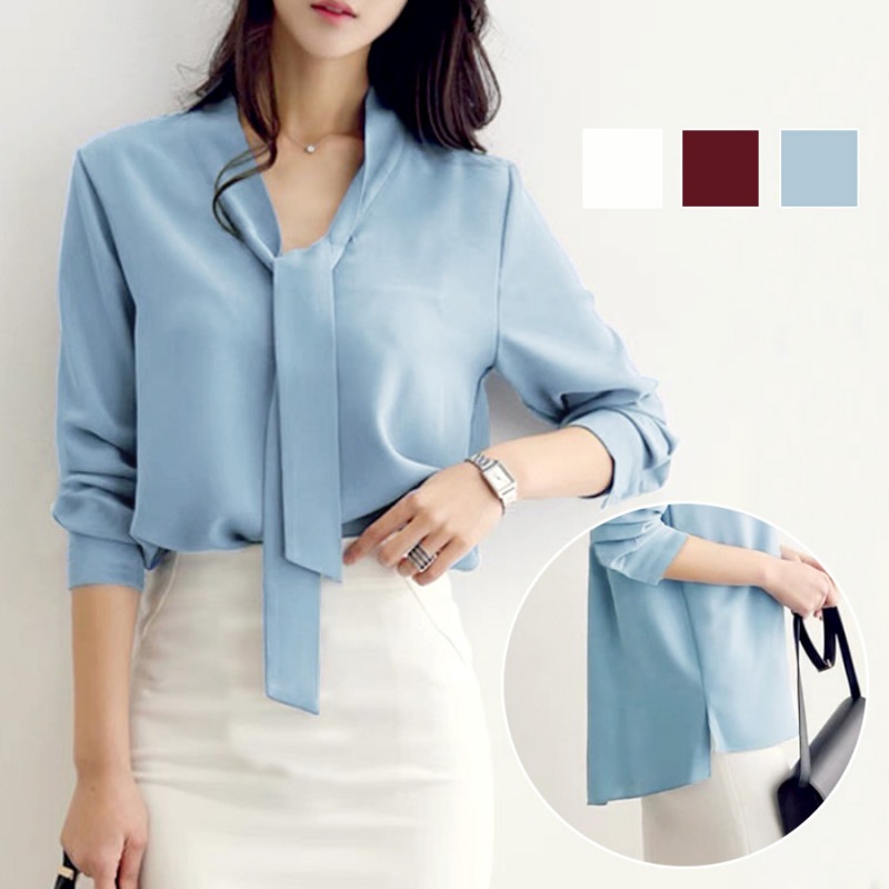 ブラウス ボウタイ トップス　八分袖 韓国ファッション 大人 キレイめ 上品 レディース 春 夏 秋 新作 ホワイト 白 ワインレッド 赤 ブルー 青 S M L JOCOSA 7071