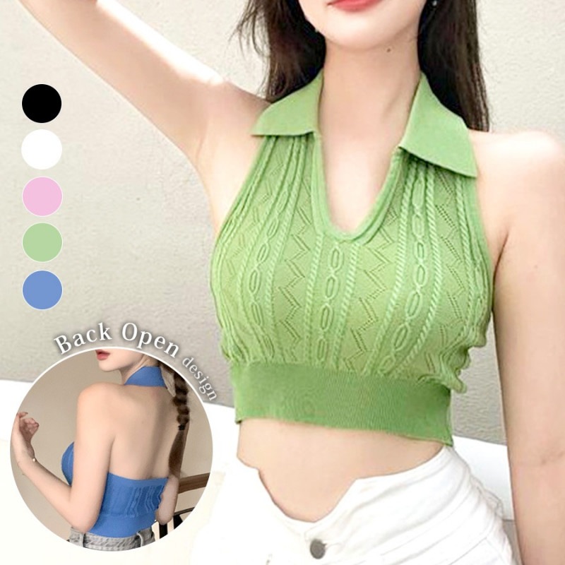 サマーニット ノースリーブ 襟 ホルターネック レース編み Vネック 背中開き ニット トップス 韓国ファッション 薄手 へそ出し セクシー おしゃれ 大人可愛い レディース 春 夏 秋 ブラック 黒 ホワイト 白 ラベンダー 紫 グリーン 緑 ブルー 青 フリーサイズ JOCOSA 7072