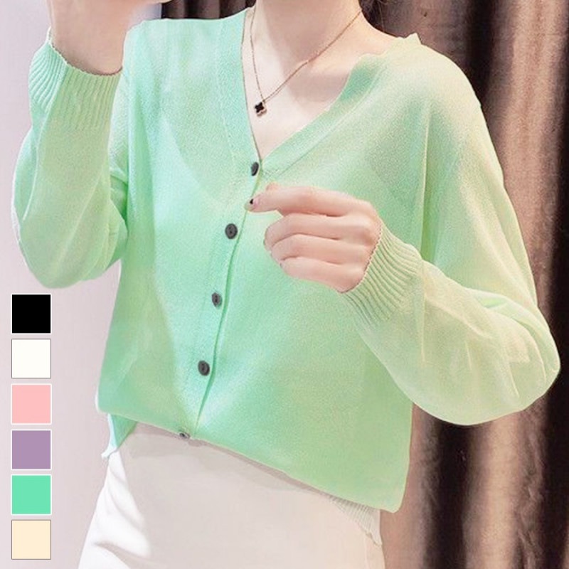 カーディガン ニット 薄手 サマーニット Vネック カーデ 長袖 羽織 透け シアー 無地 シンプル 韓国ファッション オフィスカジュアル おしゃれ レディース 春 夏 ブラック 黒 ホワイト 白 ピンク パープル 紫 ミントグリーン アイボリー フリーサイズ JOCOSA 8379