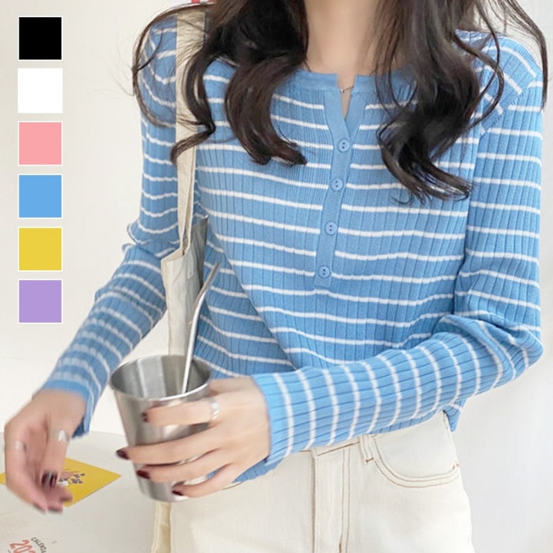 ボーダー トップス ニット 春 ヘンリーネック オフィスカジュアル オフィス トップス シャツ ロンT 長袖 おしゃれ 韓国ファッション 大人 レディース ブラック 黒 ホワイト 白 ピンク ブルー 青 イエロー 黄色 パープル 紫 フリーサイズ JOCOSA 7085