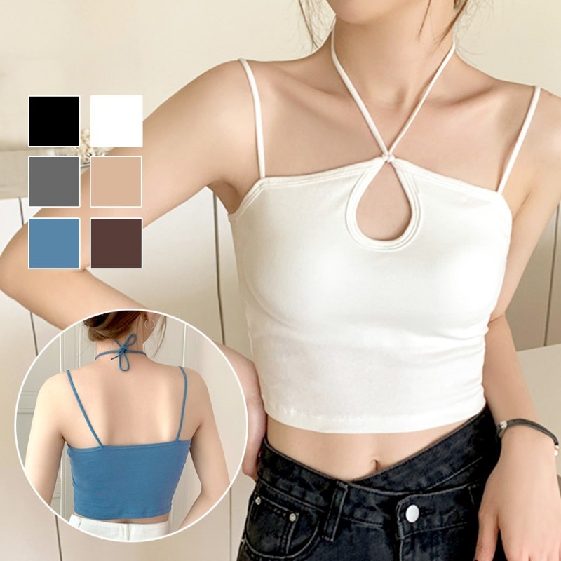 ホルターネック カップイン キャミソール 肩だし トップス コットン 韓国ファッション 大人 キレイめ セクシー レディース 春 夏 秋 新作 ブラック 黒 ホワイト 白 ダークグレー 灰 ベージュ 茶 ブルー 青 ブラウン フリーサイズ JOCOSA 7089