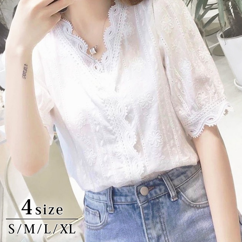 ブラウス レース 半袖 春 刺繍 白 ホワイト Vネック 春 トップス シャツ コットン 綿 オフィスカジュアル レトロ ガーリー 柄レース 透け感 透け シアー 韓国ファッション 大人 レディース 夏 秋 S M L XL JOCOSA 7090