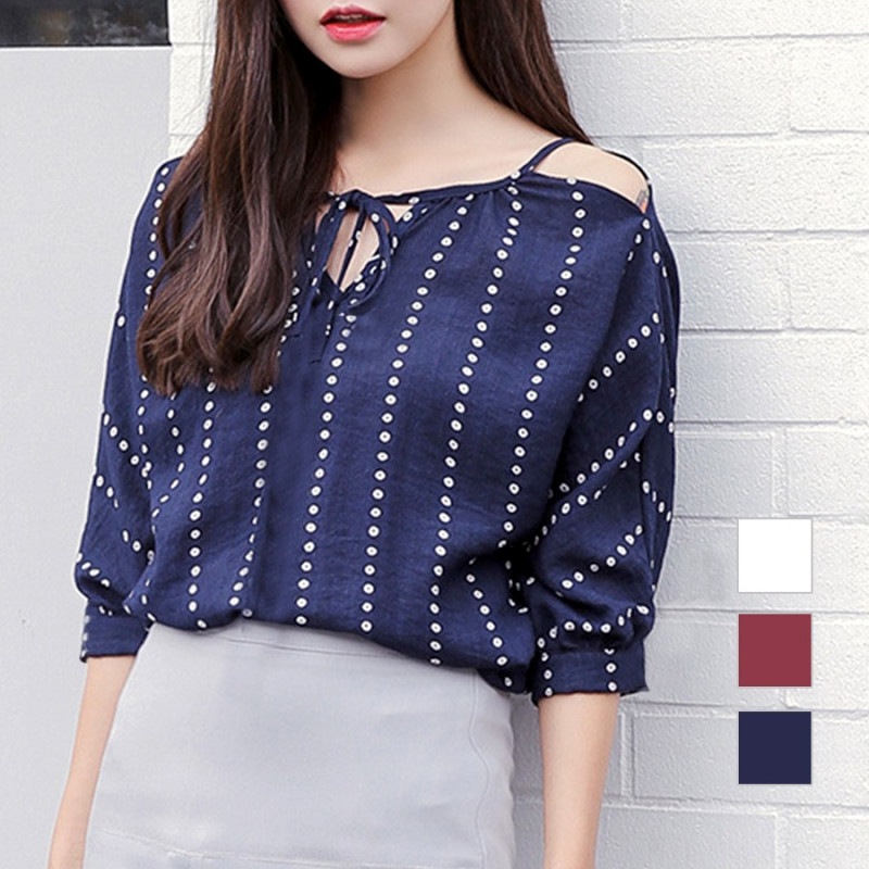 オフショルダー ドット ブラウス 半袖 韓国ファッション トップス 肩みせ 肩出し 背中開き リボン 肩ひも ドットライン 大人 キレイめ セクシー レディース 春 夏 秋 新作 ホワイト 白 ワインレッド 赤 ネイビー 紺 フリーサイズ JOCOSA 7091
