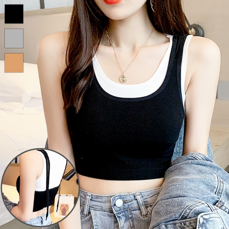 カップ付き タンクトップ レイヤード リボン 春 ブラトップ トップス インナー ショート丈 キャミソール カジュアル スポーティ ストリート セクシー 韓国ファッション 大人 レディース 夏 ブラック グレー ベージュ フリーサイズ JOCOSA 7094
