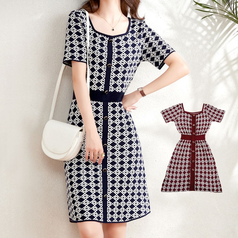 ワンピース 半袖 スクエアネック ニット サマーニット 肩開き Aライン ミドル丈 総柄 ダイヤ 幾何学模様 シンプル 韓国ファッション レトロ セクシー 大人 おしゃれ デート お出かけ レディース 春 夏 秋 新作 ワインレッド 赤 ネイビー 紺 フリーサイズ JOCOSA 8887