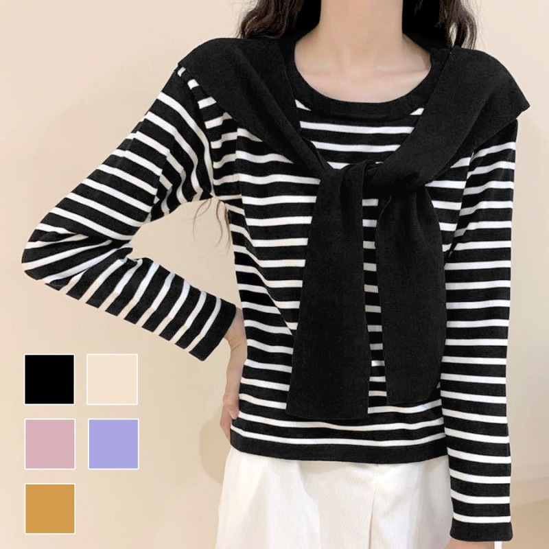 肩掛け風 ボーダー 長袖 ニット 韓国ファッション トップス 大人 キレイめ カジュアル セクシー レディース 春 夏 秋 新作 ブラック 黒 アイボリー ピンク ラベンダー 紫 マスタード 黄色 フリーサイズ JOCOSA 7097