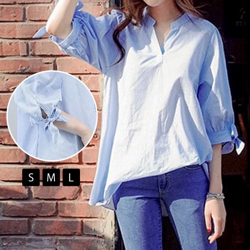 ブラウス ストライプ 袖リボン 5分袖 トップス プルオーバー Vネック スタンドカラー 爽やか 大人 大人可愛い カジュアル お出かけ きれいめ オフィス 韓国ファッション レディース 春 夏 秋 新作 ライトブルー 青 S M L JOCOSA 7098