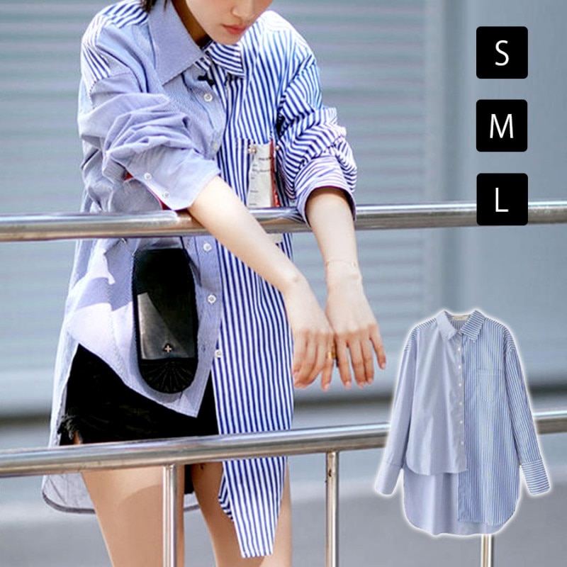 シャツ 長袖 ストライプ アシンメトリー スリット トップス ポケット 胸ポケット 爽やか 大人 大人可愛い カジュアル 韓国ファッション レディース 春 夏 秋 新作 ブルー 青 S M L JOCOSA 7101