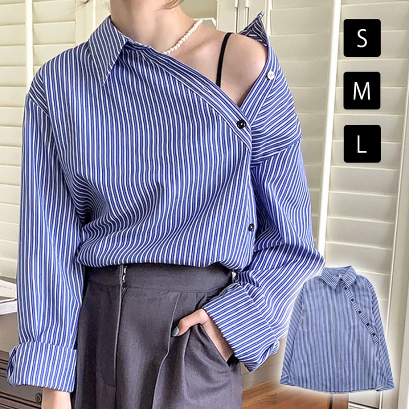 ブラウス 長袖 ストライプ 斜め ボタン アシンメトリー トップス シャツ 爽やか 大人 大人可愛い カジュアル 韓国ファッション レディース 春 夏 秋 新作 ブルー 青 S M L JOCOSA 7102