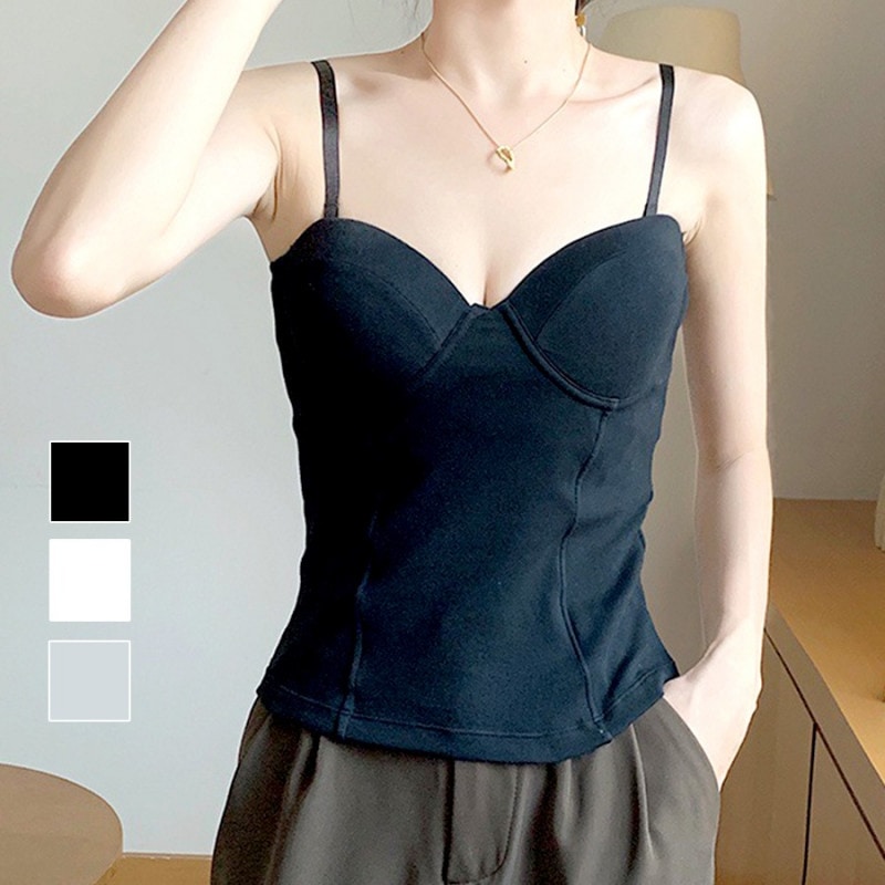 カップイン キャミソール 無地 トップス コットン シンプル 韓国ファッション 大人 キレイめ セクシー レディース 春 夏 秋 新作 ブラック 黒 ホワイト 白 グレー 灰 フリーサイズ JOCOSA 7104