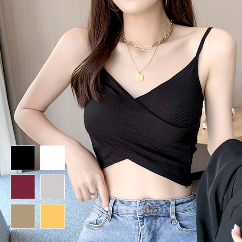 クロスデザイン カップ付き キャミソール パッド付き ショート丈 肩だし トップス コットン 韓国ファッション 大人 キレイめ セクシー レディース 春 夏 秋 新作 ブラック 黒 ホワイト 白 ワインレッド 赤 グレー 灰 カーキ  イエロー 黄色 フリーサイズ JOCOSA 7112
