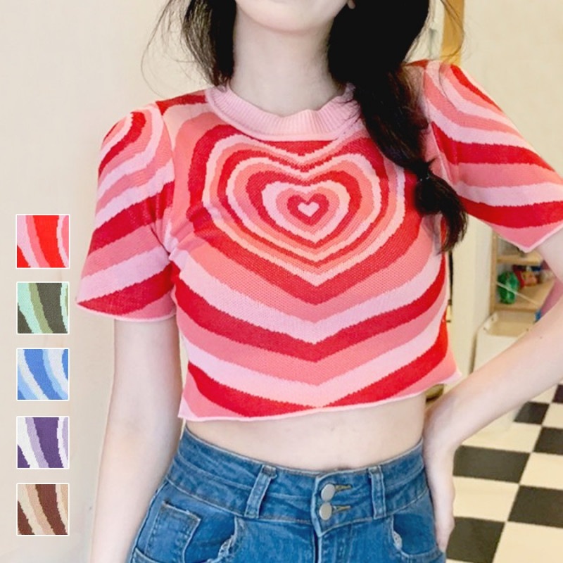半袖 ニット ショート丈 ハート柄 韓国ファッション トップス ラウンドネック 大人 キレイめ セクシー カジュアル レディース 春 夏 秋 新作 レッド 赤 グリーン 緑 ブルー 青 パープル 紫 ブラウン 茶 フリーサイズ JOCOSA 7121