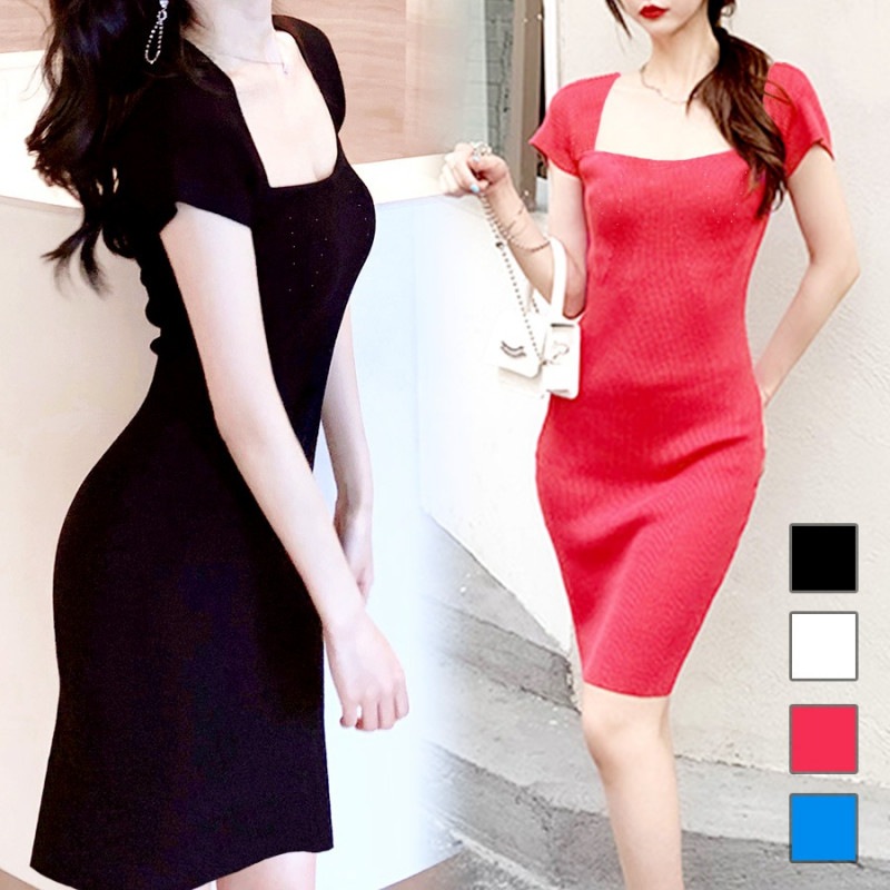ニットワンピース セクシー 半袖 夏 膝丈 ワンピース ニット 無地 リブ タイトワンピース スクエアネック ドレス きれいめ タイト 韓国ファッション シンプル 大人 レディース 春 秋 ブラック ホワイト ピンク ブルー フリーサイズ JOCOSA 8894