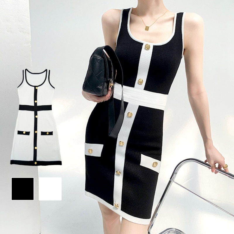 ワンピース ニット タイト 膝丈 ニットワンピ サマーニット Uネック ノースリーブ バイカラー ボタン シンプル 韓国ファッション セクシー 大人 おしゃれ デート レディース 春 夏 秋 新作 ブラック 黒 ホワイト 白 フリーサイズ JOCOSA 8897