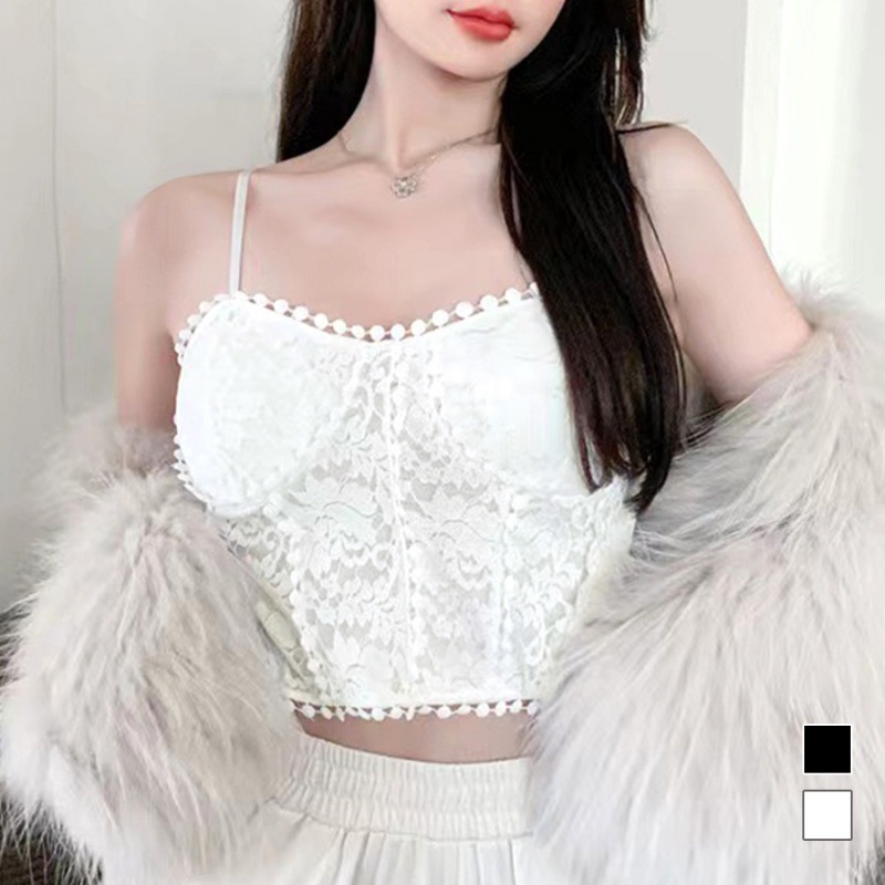 カップ付きキャミソール ビスチェ ショート丈トップス セクシー キャミソール 夏 カップ付き パッド付き へそ出し 見せるインナー ブラトップ レース 刺繍 肩だし トップス 韓国ファッション 大人 レディース 春 秋 新作 ブラック 黒 ホワイト 白 フリーサイズ JOCOSA 7126