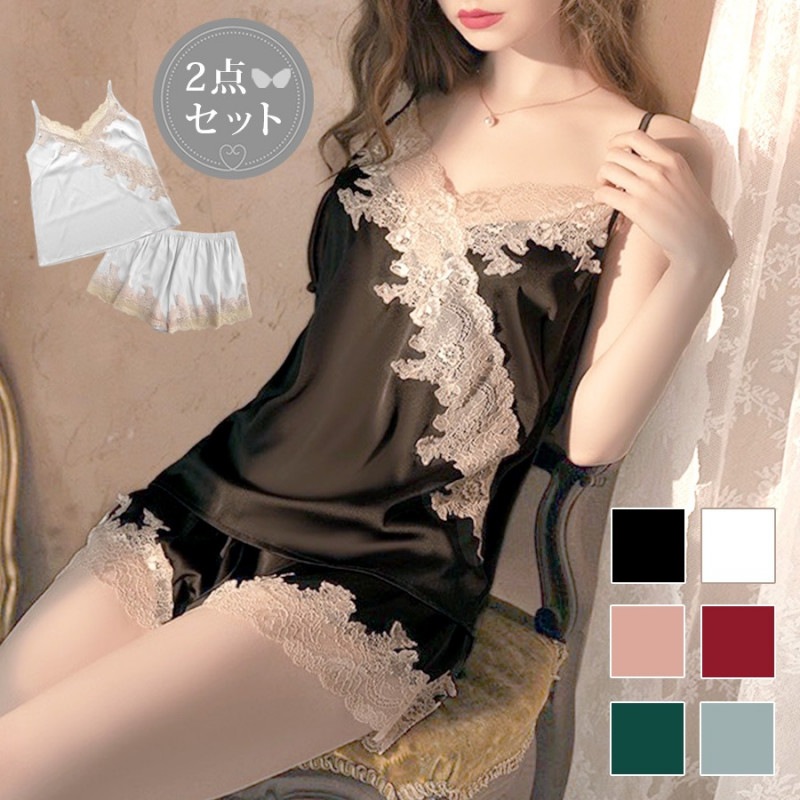 セットアップ ルームウェア セクシー レース パジャマ 韓国ファッション ノースリーブ キャミソール カシュクール パンツ 部屋着 上下セット おしゃれ 春 夏 秋 新作 レディース ブラック 黒 ホワイト 白 ピンク レッド 赤 グリーン 緑 ブルー 青 M L JOCOSA 8443