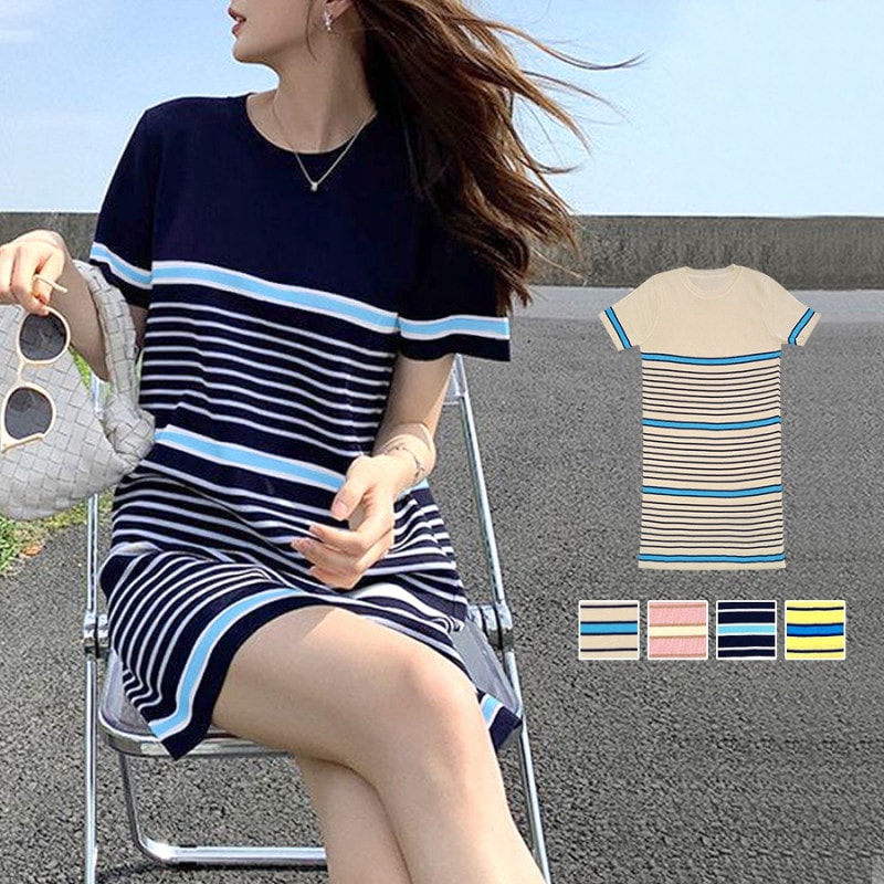 ワンピース 半袖 ミニワンピース サマーニット ボーダー 夏 韓国ファッション ラウンドネック シンプル カジュアル 大人 おしゃれ デート お出かけ レディース 春 秋 新作 ベージュ ピンク ネイビー 紺 イエロー 黄色 フリーサイズ JOCOSA 9202