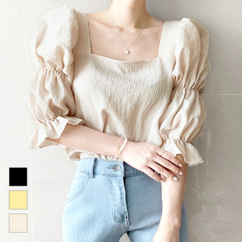 ブラウス ギャザー スクエアネック シワ加工 キャンディスリーブ パワショル バルーン袖 パフスリーブ 夏 トップス 半袖 五分袖 七部袖 オフィスカジュアル フェミニン 韓国ファッション 大人 レディース 春 秋 ブラック イエロー アイボリー S M L JOCOSA 7130