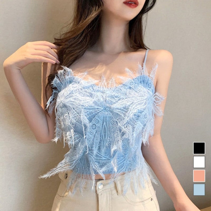 キャミソール ショート丈トップス セクシー ニットキャミソール 夏 へそ出し レース 刺繍 肩だし トップス 韓国ファッション 大人 レディース 春 秋 新作 ブラック 黒 ホワイト 白 ピンク ブルー フリーサイズ JOCOSA 7131