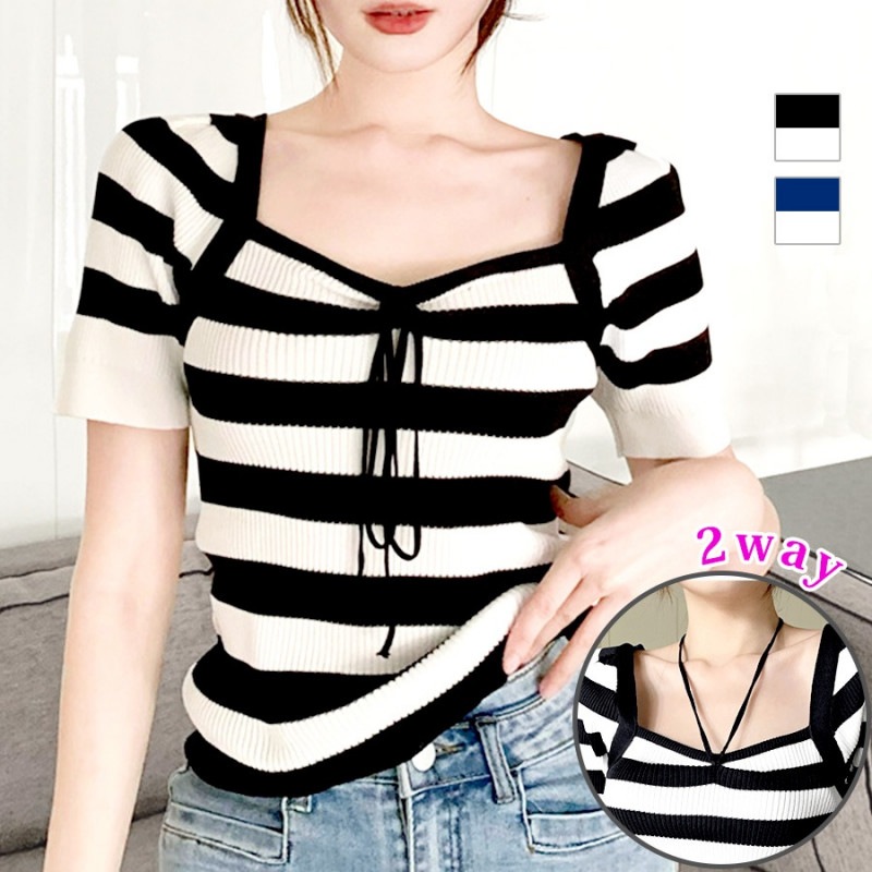 ニット ボーダー ショート丈 半袖 サマーニット 夏 トップス ショート丈トップス カジュアル フェミニン ガーリー セクシー ストリート 韓国ファッション 大人 かわいい デート レディース 春 秋 ブラック ネイビー フリーサイズ JOCOSA 7133