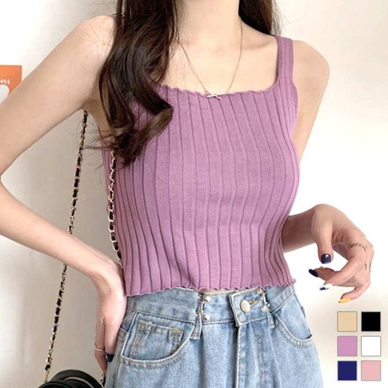 キャミソール ニット サマーニット 夏 ショート丈トップス 無地 ノースリーブ タンクトップ トップス リブ カジュアル セクシー 韓国ファッション 大人 レディース 春 秋 ブラック ホワイト ピンク ベージュ パープル ネイビー フリーサイズ JOCOSA 7132