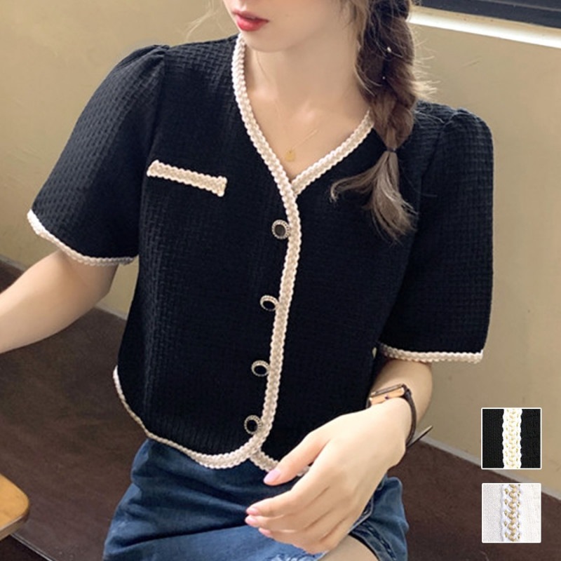 半袖 ニット Vネック ボタン ツイード風 透かし編み ショート丈トップス 韓国ファッション カーディガン バイカラー ツートーン 大人 キレイめ オフィス デート レディース 春 夏 秋 新作 ブラック 黒 ホワイト 白 フリーサイズ JOCOSA 7139