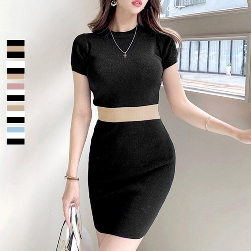 ワンピース ニット 配色 タイト 膝丈 ニットワンピ ラウンドネック 半袖 シンプル 配色ワンピ ライン 韓国ファッション セクシー 大人 おしゃれ デート レディース 春 夏 秋 新作 ブラック 黒 ホワイト 白 ピンク ベージュ 茶 ブルー 青 フリーサイズ JOCOSA 9215