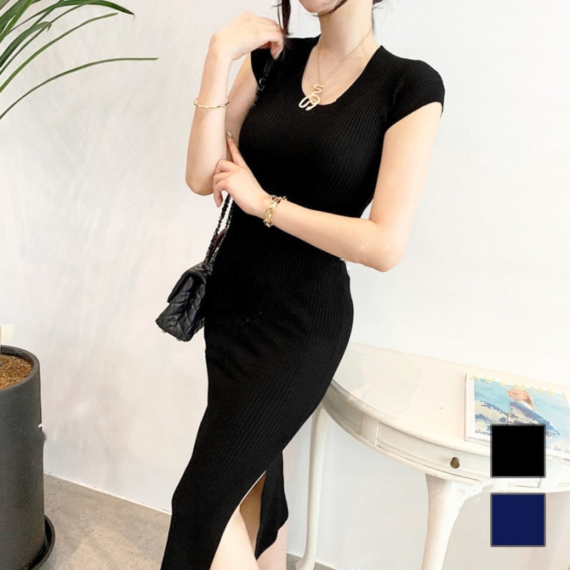 ニットワンピース フレンチスリーブ 夏 スリット ノースリーブ ワンピース ニット リブ 半袖 タイトワンピース タイト Iライン セクシー オフィスカジュアル きれいめ 韓国ファッション シンプル 大人 レディース 春 秋 ブラック ネイビー フリーサイズ JOCOSA 9219