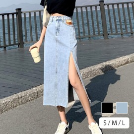 デニムスカート ロング丈 スリット タイトスカート カットオフ ポケット カジュアル シンプル 無地 タグ お出かけ デート 韓国ファッション レディース 新作 春 夏 秋 ブラック 黒 ブルー 青 S M L JOCOSA 9100