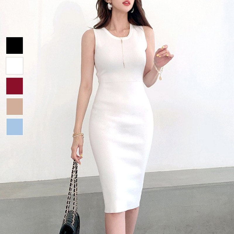 ワンピース ニット タイト 膝丈 ニットワンピ ラウンドネック ノースリーブ シンプル 無地 ライン 韓国ファッション セクシー 大人 おしゃれ デート レディース 春 夏 秋 新作 ブラック 黒 ホワイト 白 ワインレッド 赤 ベージュ 茶 ブルー 青 フリーサイズ JOCOSA 9220