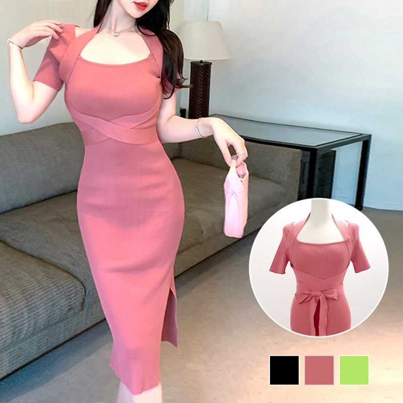 ワンピース スリット タイト リボン 半袖 ロング ニット スクエアネック 無地 韓国ファッション セクシー 大人 おしゃれ デート 2way レディース 春 夏 秋 新作 ブラック 黒 ピンク グリーン 緑 フリーサイズ JOCOSA 9223