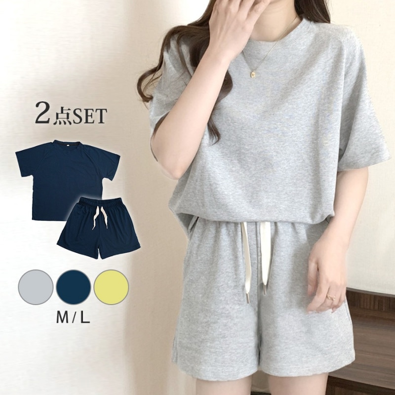 ルームウェア パジャマ 部屋着 韓国ファッション 半袖 トップス ショートパンツ ウエストゴム セットアップ 上下セット ストリート 大人 おしゃれ ワンマイルウェア 春 夏 秋 新作 レディース グレー 灰 ネイビー 紺 イエロー 黄色 M L XL JOCOSA 6204