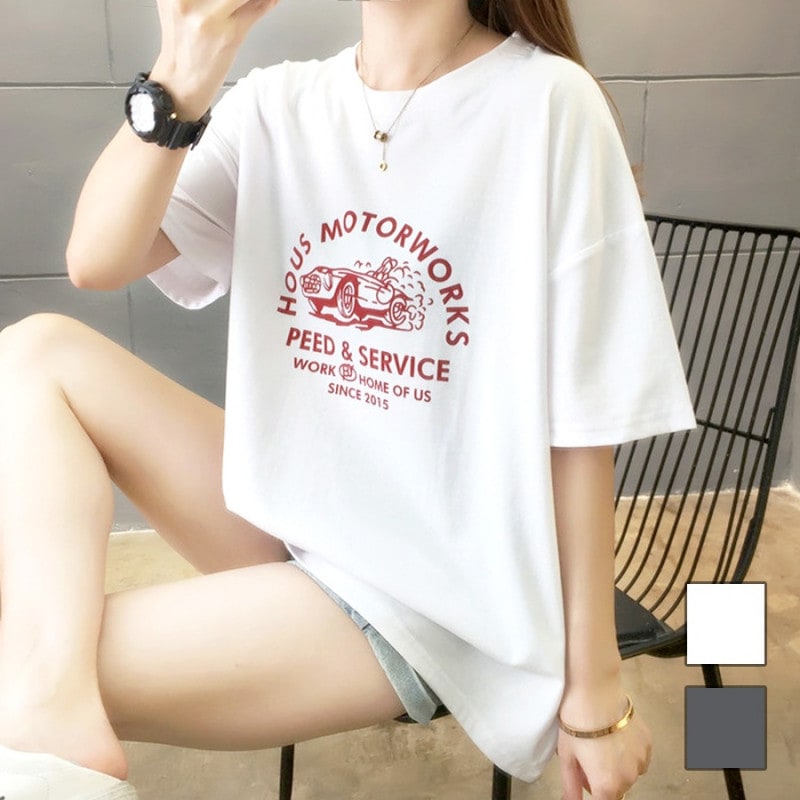 ロゴ Tシャツ オーバーサイズ 半袖 トップス シャツ カットソー ゆったり 秋 夏 春 ラウンドネック シンプル カジュアル ストリート スポーティ ルームウェア 無地 韓国ファッション 大人 レディース ホワイト ダークグレー M L JOCOSA 7145
