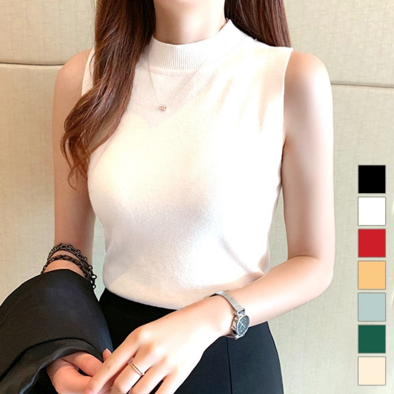 サマーニット ノースリーブ 夏 無地 ボトルネック トップス オフィスカジュアル きれいめ タンクトップ 韓国ファッション 大人 レディース 春 秋 ブラック ホワイト レッド ベージュ アイスグリーン ダークグリーン アイボリー フリーサイズ JOCOSA 7144