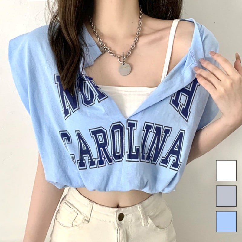 ロゴ ショート丈トップス キャミソール一体型 Tシャツ フレンチスリーブ キャミソール カットソー 秋 夏 春 スリットネック セクシー ストリート ギャル カジュアル スポーティ 韓国ファッション レディース ホワイト グレー ブルー M L JOCOSA 7147