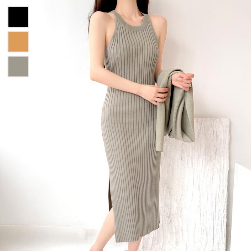 ニットワンピース ノースリーブ 無地 リブ アメリカンスリーブ スリット タイトワンピース セクシー オフィスカジュアル 韓国ファッション シンプル 大人 レディース 春 夏 秋 ブラック ベージュ グレージュ フリーサイズ JOCOSA 9227