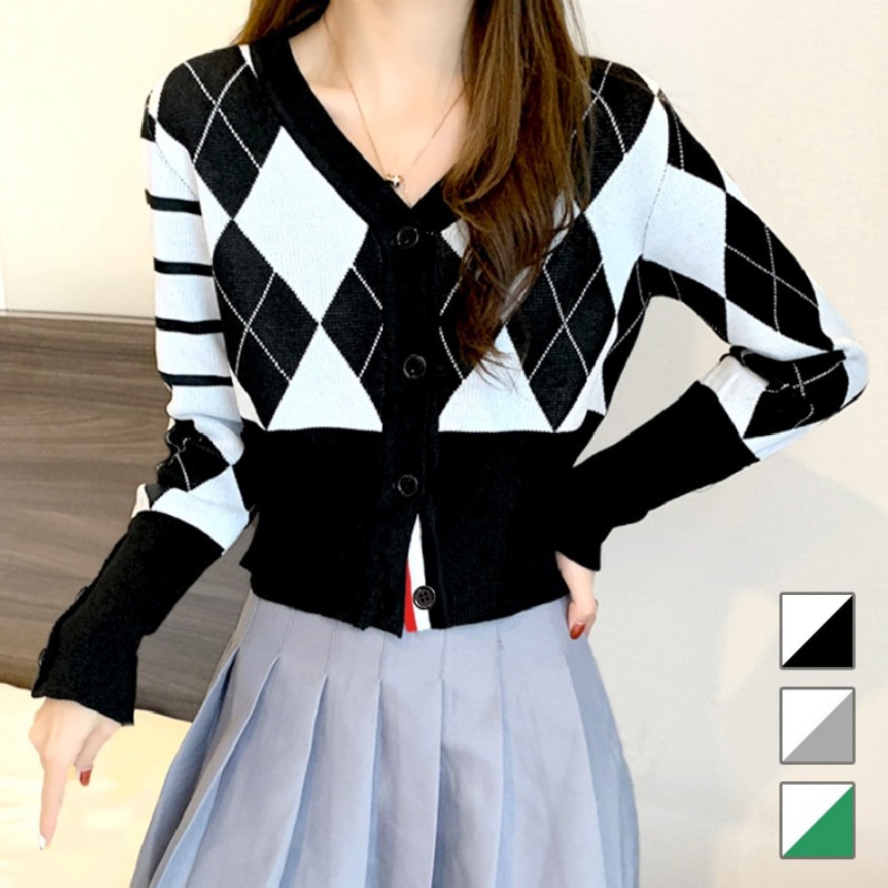 カーディガン ボタン アーガイルチェック 配色 ボーダー ショート丈 トップス ニット 長袖 バイカラー ツートンカラー 秋 春 Vネック レトロ オフィスカジュアル ストリート 韓国ファッション 大人 レディース ブラック グレー グリーン フリーサイズ JOCOSA 8383