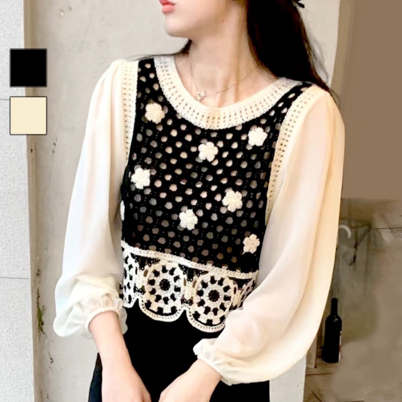 ブラウス 透かし編み 長袖 シフォン ニット ショート丈トップス 秋 春 ラウンドネック かぎ編み 花柄 フラワー 刺繍 スカラップ レトロ カジュアル 韓国ファッション 大人 レディース ブラック アイボリー フリーサイズ JOCOSA 7150