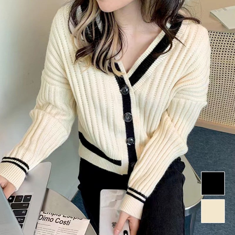 カーディガン ニット Vネック ドロップショルダー ショート丈 長袖 カーデ ライン ボタン 羽織り シンプル トップス 韓国ファッション おしゃれ デート レディース 春 秋 冬 新作 ブラック 黒 アイボリー フリーサイズ JOCOSA 8382