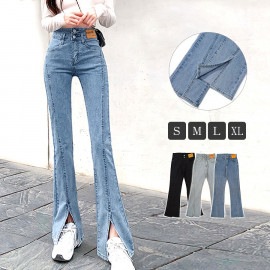 フロントスリット フレアデニム フレアパンツ デニムパンツ ハイウエスト ハイライズ デニム ロング丈 ジーパン ジーンズ ステッチ ポケット ギャル カジュアル 無地 韓国ファッション レディース 新作 春 夏 秋 冬 ブラック ライトブルー ブルー S M L XL JOCOSA 9105