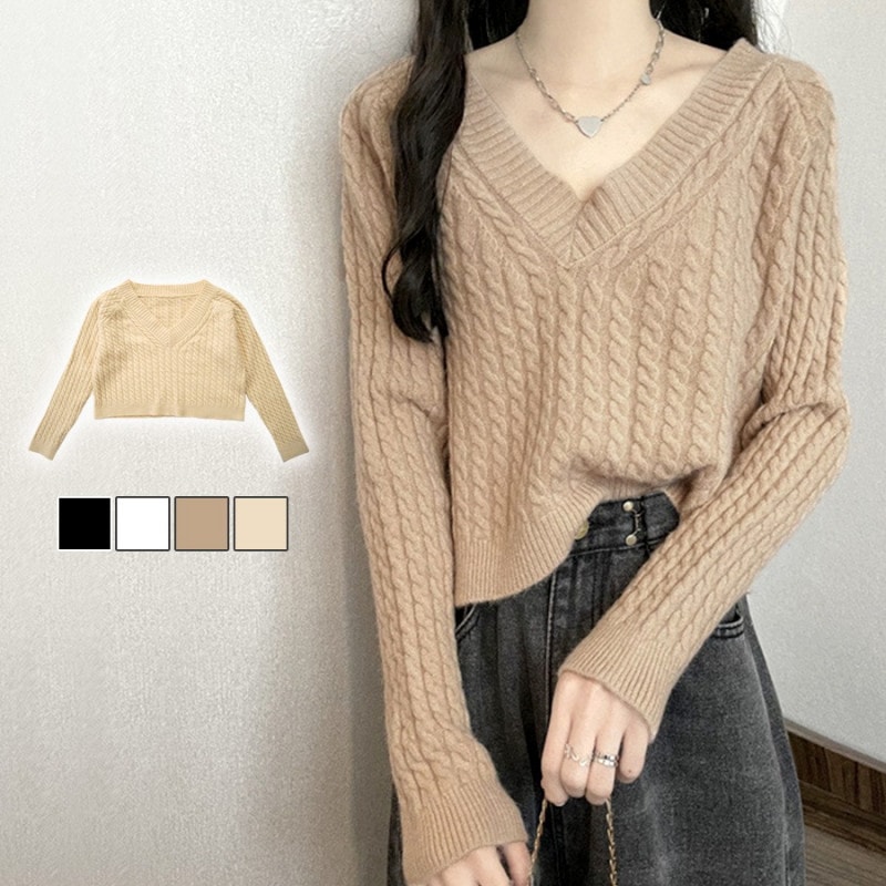 ニット トップス 長袖 Vネック ショート丈 セーター 韓国ファッション シンプル 大人 キレイめ デート オフィスカジュアル レディース 秋 冬 新作 ブラック 黒 ホワイト 白 ベージュ 茶 アイボリー フリーサイズ JOCOSA 7160