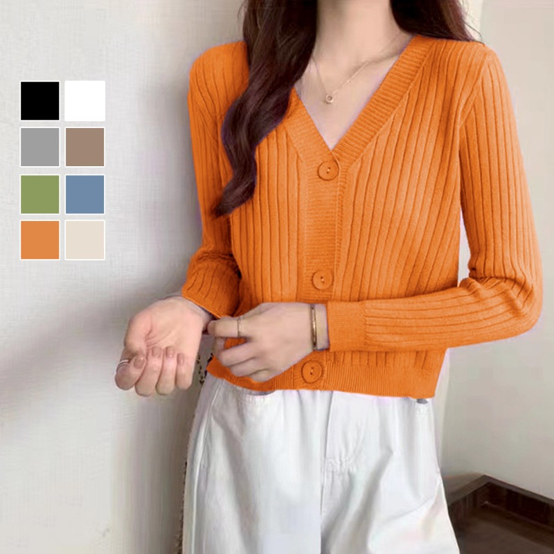 カーディガン ニット Vネック ショート丈 長袖 カーデ ボタン 羽織り シンプル トップス 韓国ファッション おしゃれ デート レディース 春 秋 冬 新作 ブラック 黒 ホワイト 白 グレー 灰 ベージュ 茶 グリーン 緑 ブルー 青 オレンジ アイボリー フリーサイズ JOCOSA 8390