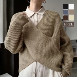 ニット トップス クロス 長袖 トップス セーター レイヤード風 秋 春 Vネック 無地 ショート丈 オフィスカジュアル セクシー シンプル 無地 韓国ファッション 大人 レディース ブラック オフホワイト グレー ベージュ ブラウン アイボリー フリーサイズ JOCOSA 7157