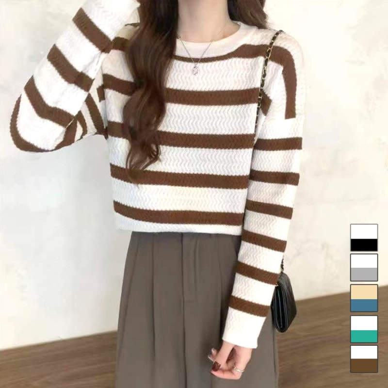 ニットトップス ショート丈トップス 長袖 プルオーバー ゆるニット ボーダー 体型カバー セーター 韓国ファッション シンプル 大人 デート レディース 春夏秋冬 新作 黒 灰 緑 茶 ブラック グレー ベージュ グリーン ブラウン フリーサイズ JOCOSA 7163